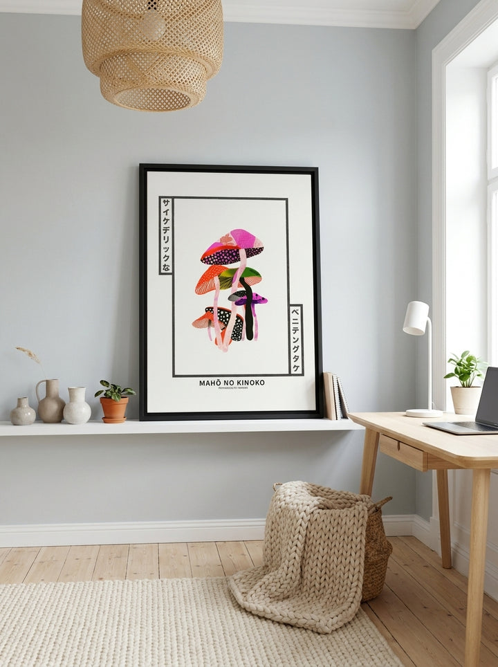 Canvas wall art with a black surround standing on a shelf in a bright Scandinavian home office