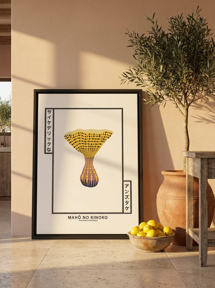 Canvas wall art with a black surround leaning against the wall in a Mediterranean kitchen