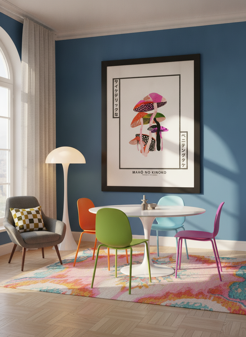 Oversized statement modern wall art print styled on the wall in a colourful eclectic dining room