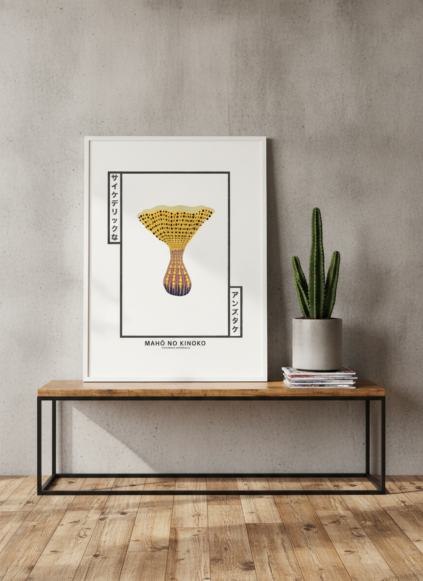 Modern wall art print standing on a console in an industrial loft home office