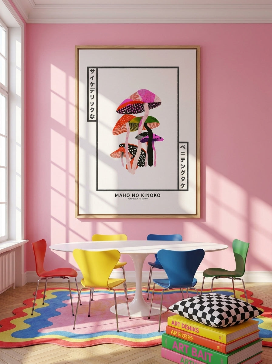 Oversized statement canvas wall art with a natural timber surround styled on the wall in a colourful eclectic dining room