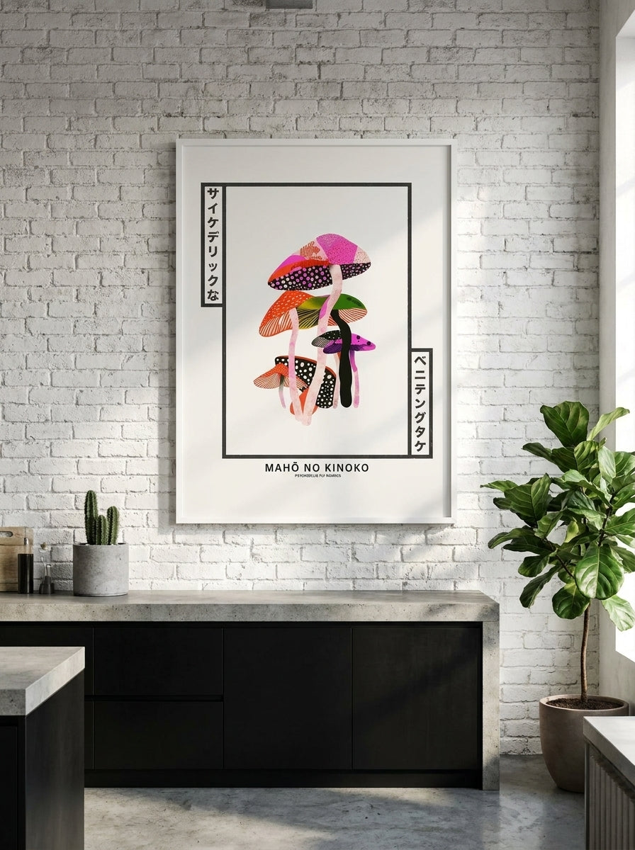 Modern wall art print styled on the wall in an industrial loft kitchen