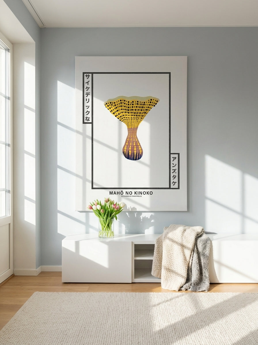 Stretched canvas wall art styled on the wall in a bright Scandinavian living room