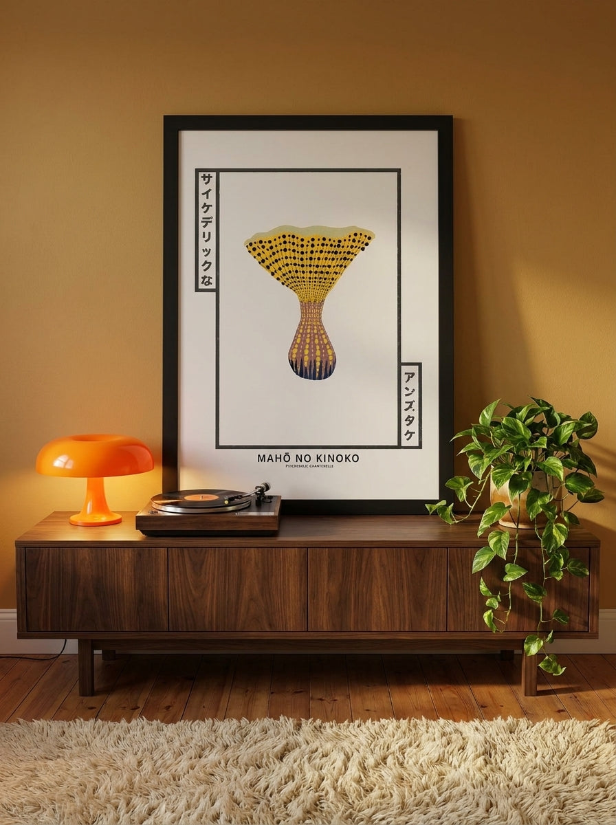 Modern wall art print standing on a sideboard in a retro 70s bedroom