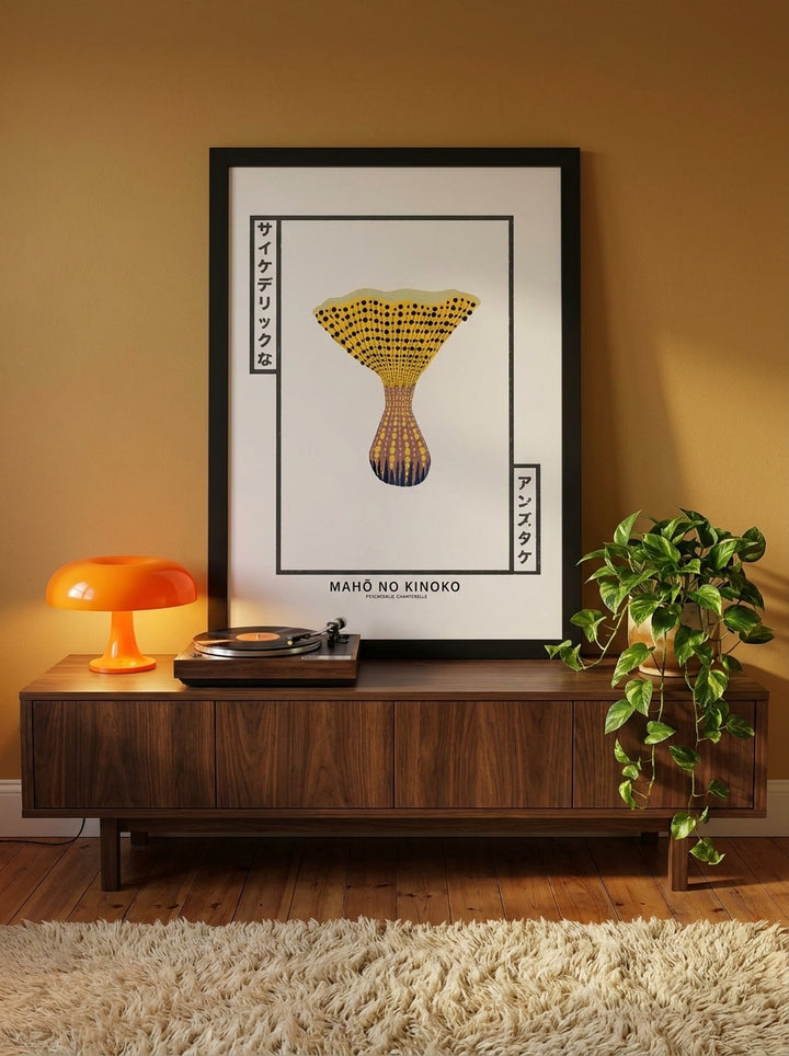Modern wall art print standing on a sideboard in a retro 70s bedroom