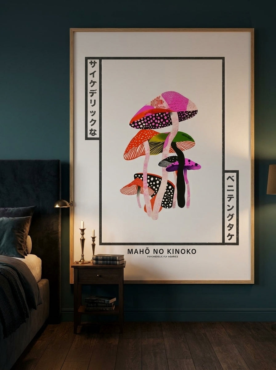 Oversized statement modern wall art print styled on the wall in a moody bedroom