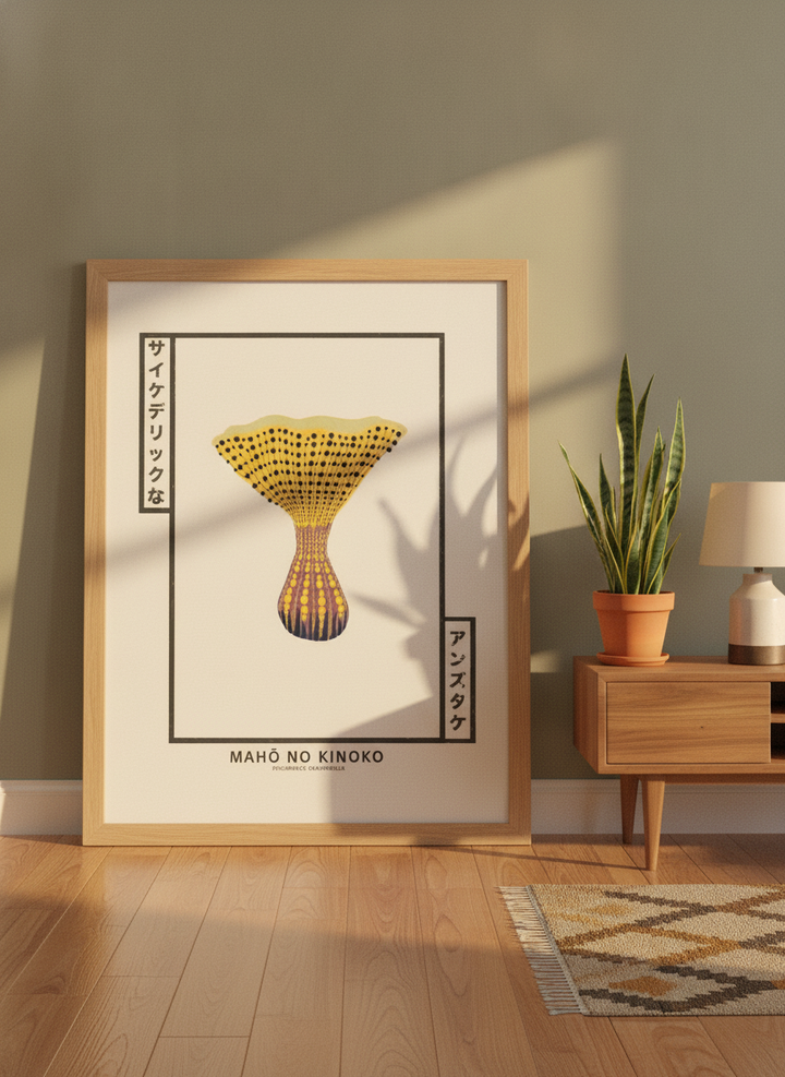 Oversized statement modern wall art print leaning against the wall in a mid-century kitchen