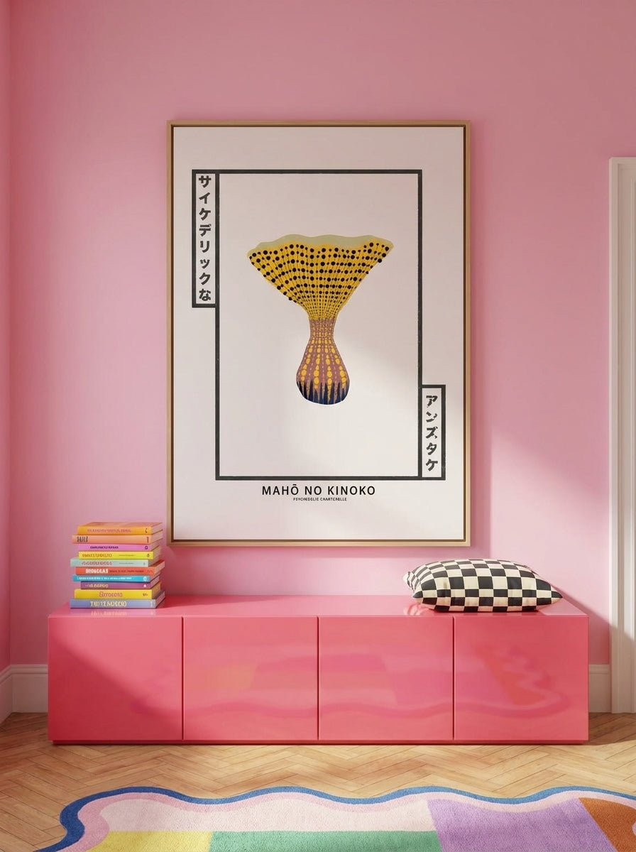 Oversized statement canvas wall art with a natural timber surround styled on the wall in a colourful eclectic living room