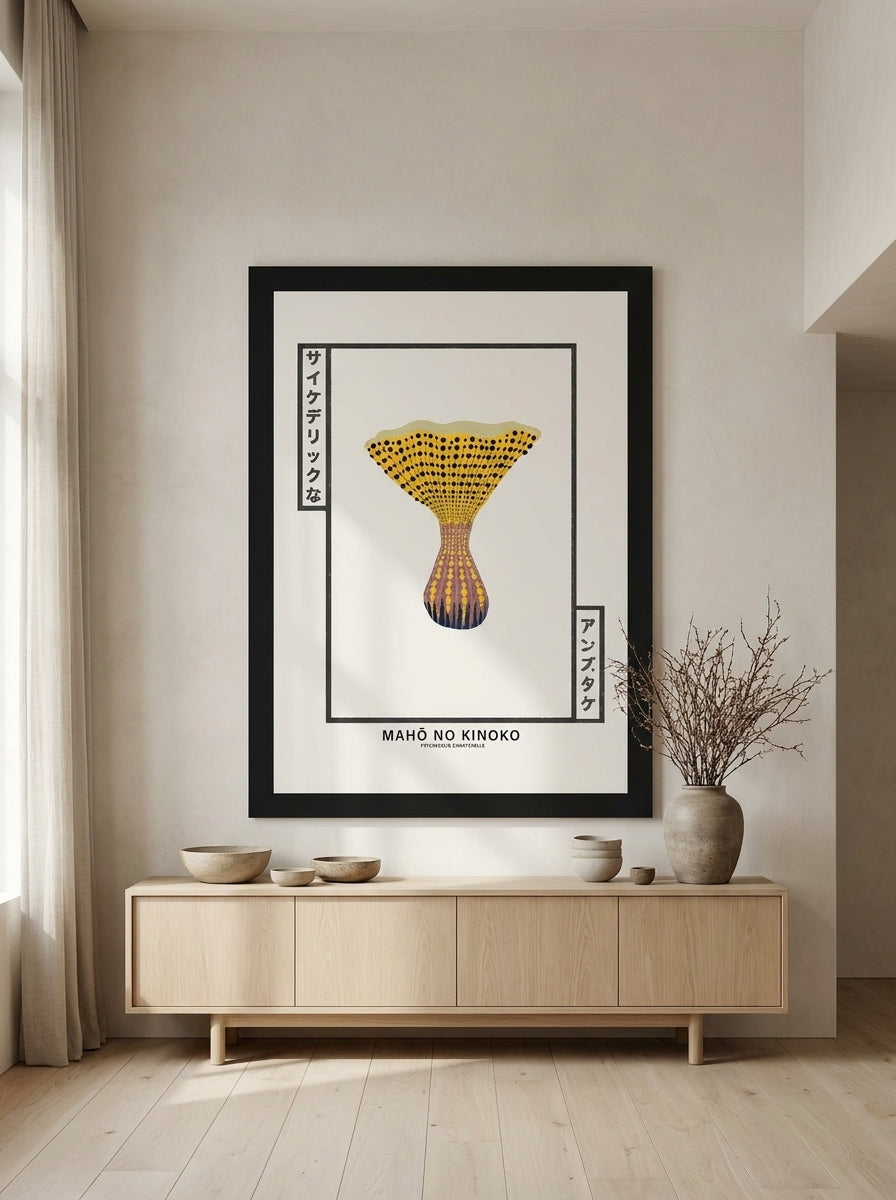 Oversized statement modern wall art print styled on the wall in a warm Japandi living room