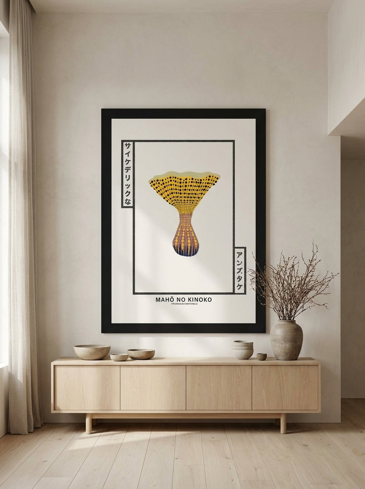 Oversized statement modern wall art print styled on the wall in a warm Japandi living room