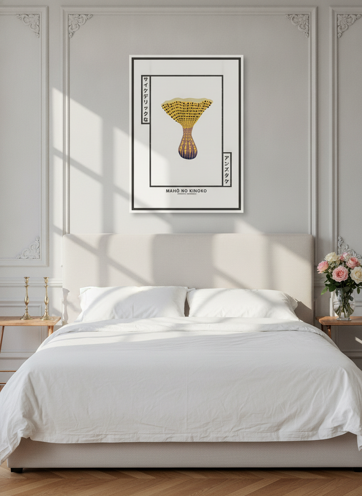 Canvas wall art with a white surround styled on the wall in a Parisian bedroom