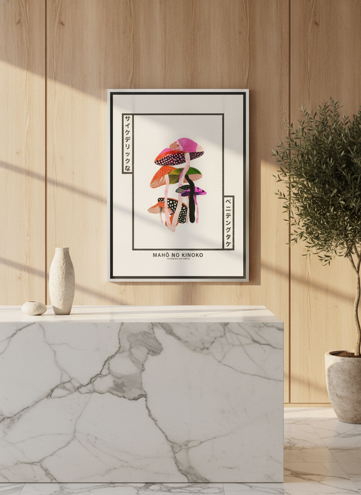 Canvas wall art with a silver leaf surround styled on the wall in a luxe kitchen