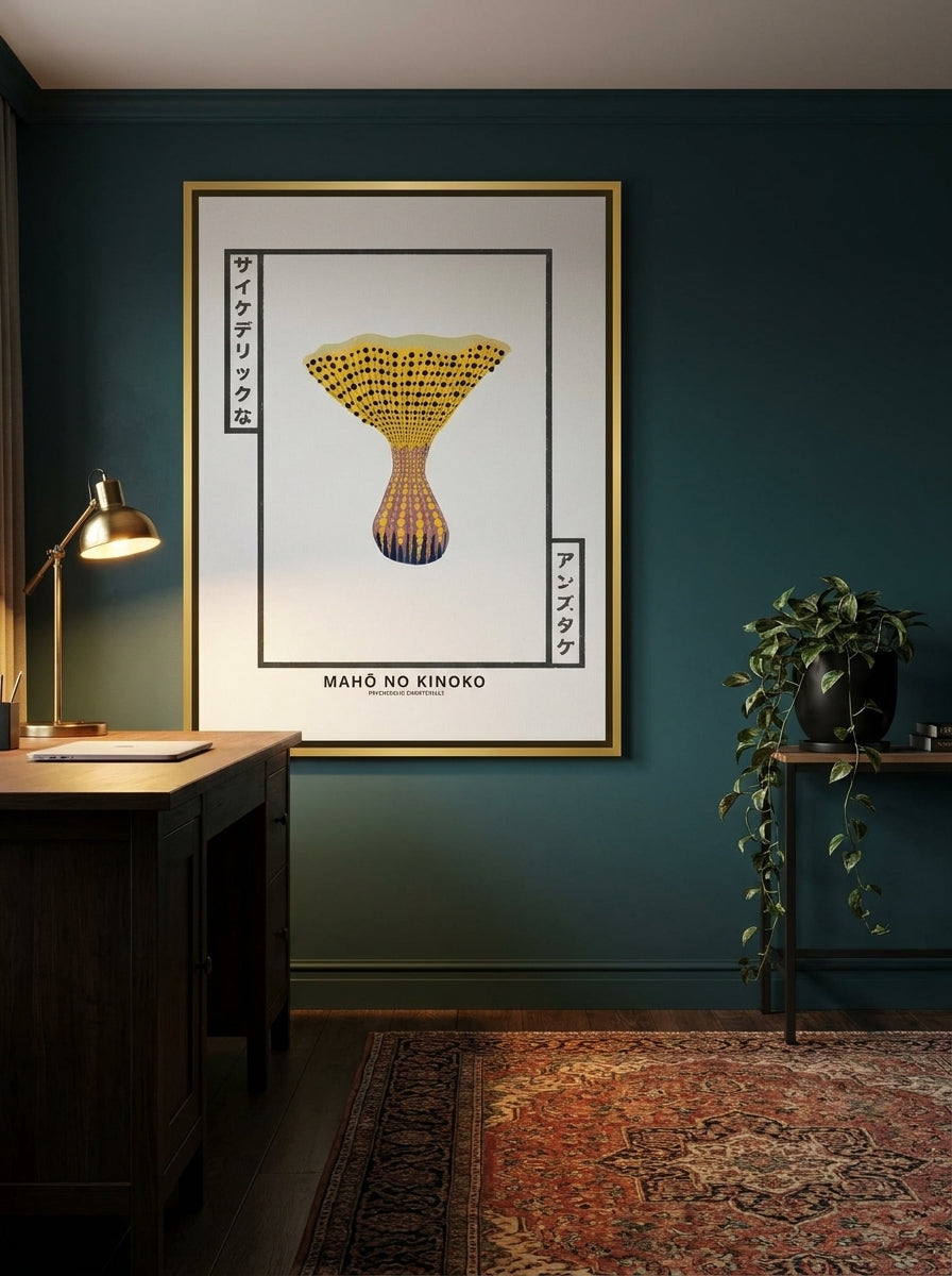 Canvas wall art with a gold leaf surround styled on the wall in a moody home office