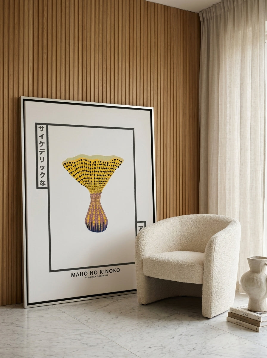 Oversized statement canvas wall art with a silver leaf surround leaning against the wall in a luxe living room