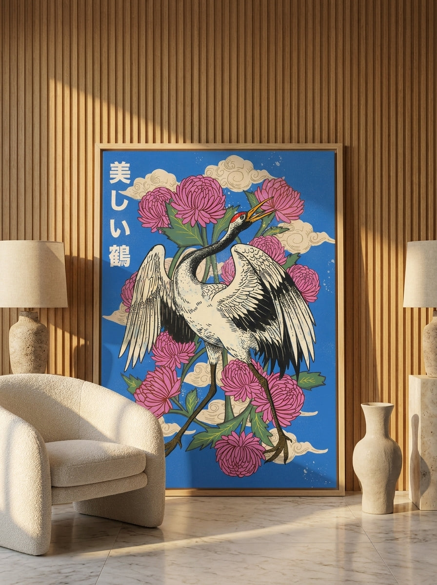 Oversized statement canvas wall art with a natural timber surround leaning against the wall in a luxe living room