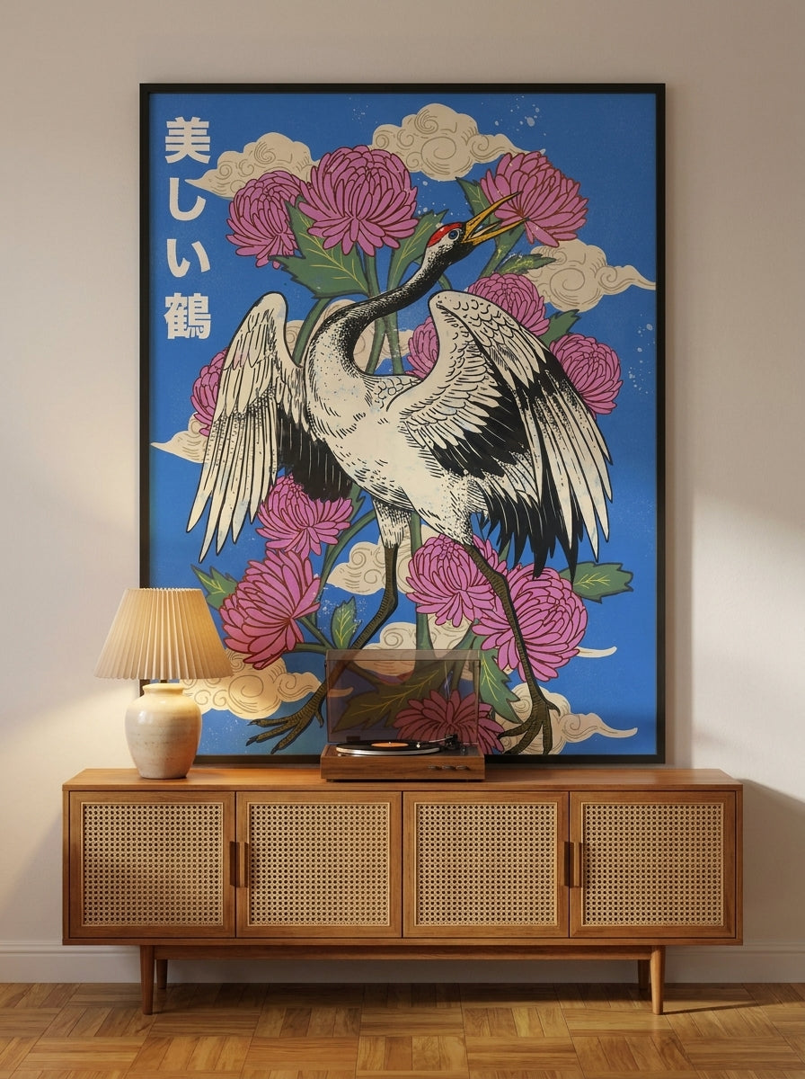 Oversized statement modern wall art print styled on the wall in a mid-century living room