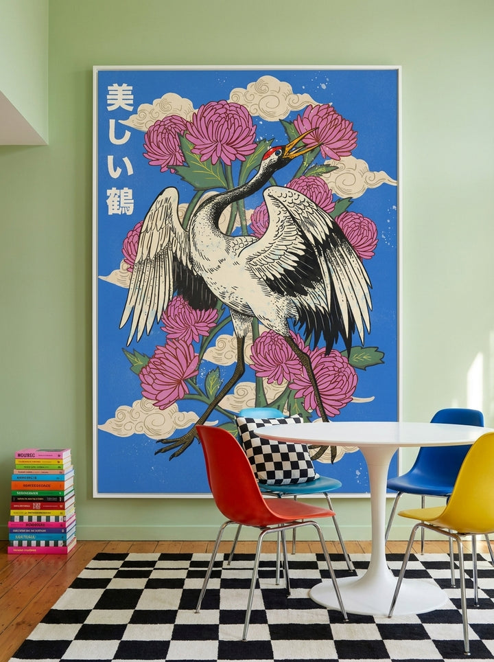 Oversized statement modern wall art print styled on the wall in a colourful eclectic dining room