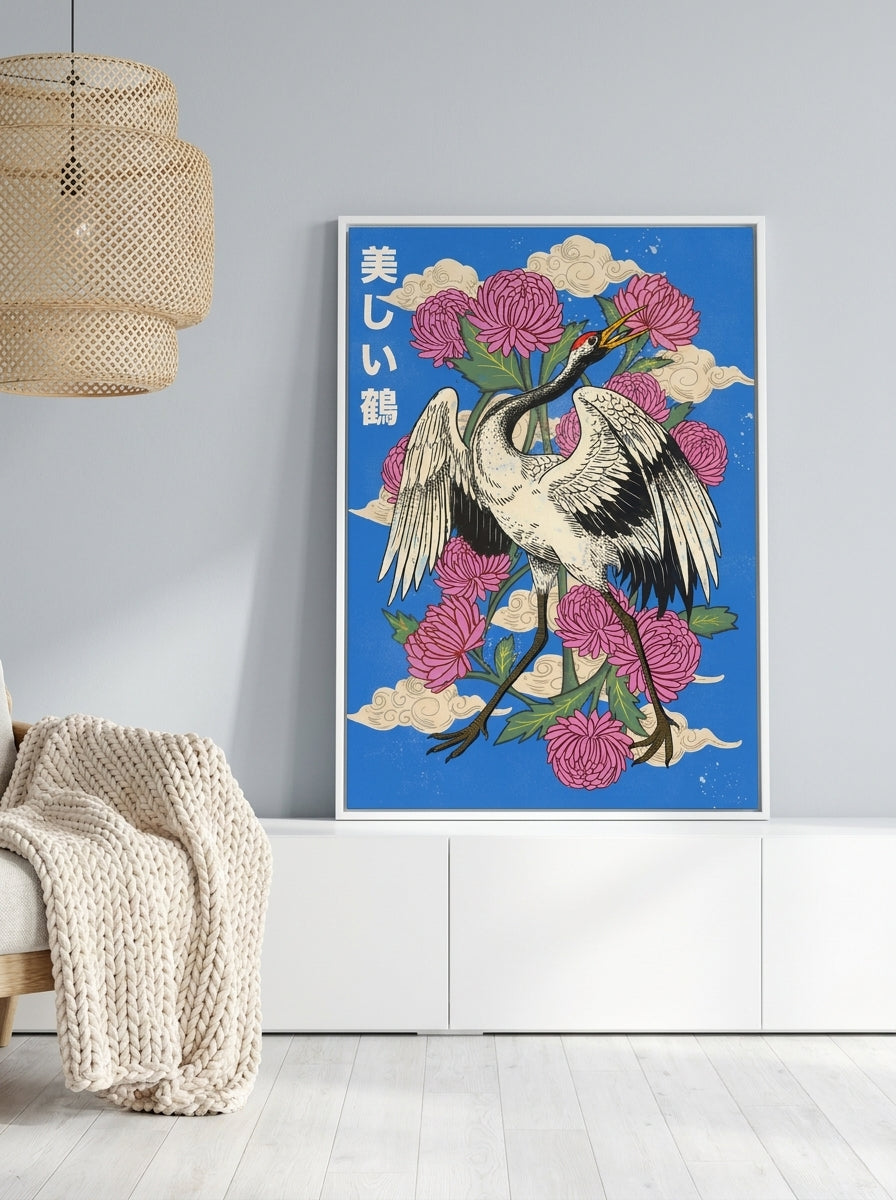 Canvas wall art with a white surround standing on a sideboard in a bright Scandinavian bedroom