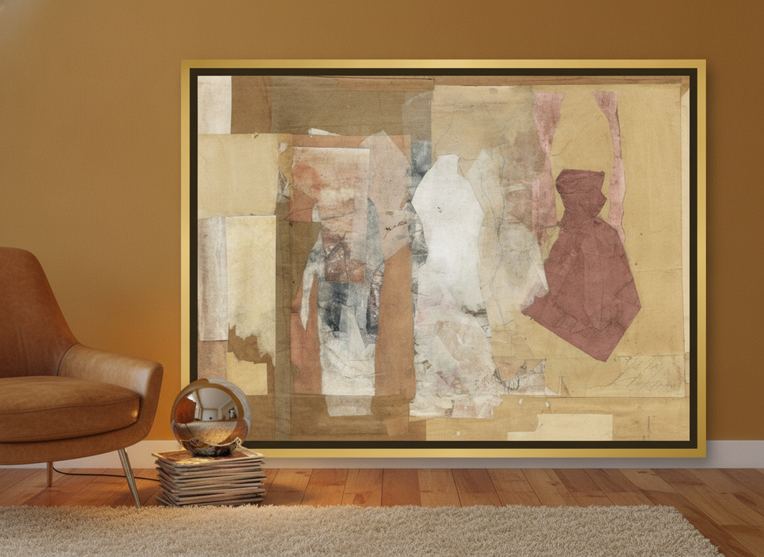 Canvas wall art with a gold leaf surround leaning against the wall in a retro 70s bedroom