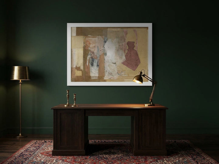 Modern wall art print styled on the wall in a moody home office