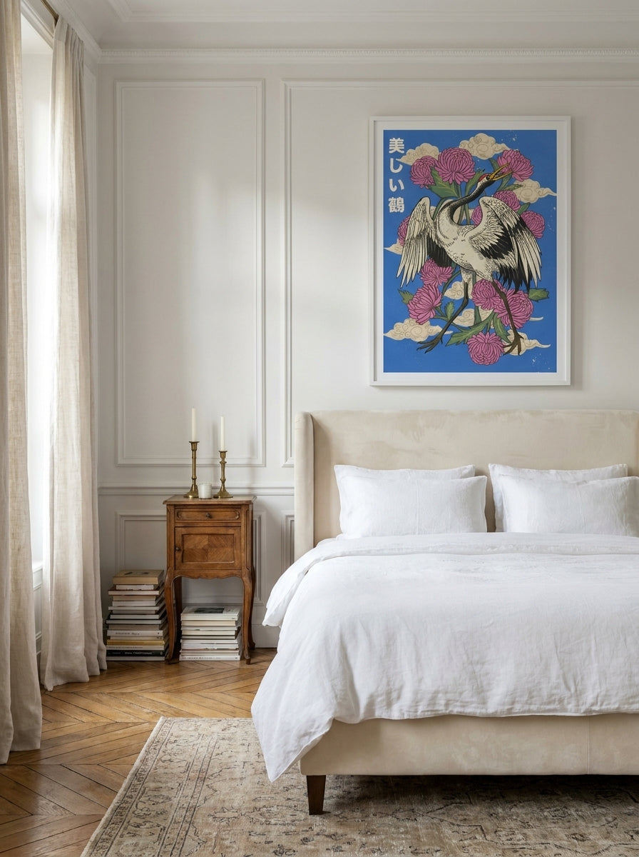 Modern wall art print styled on the wall in a Parisian bedroom