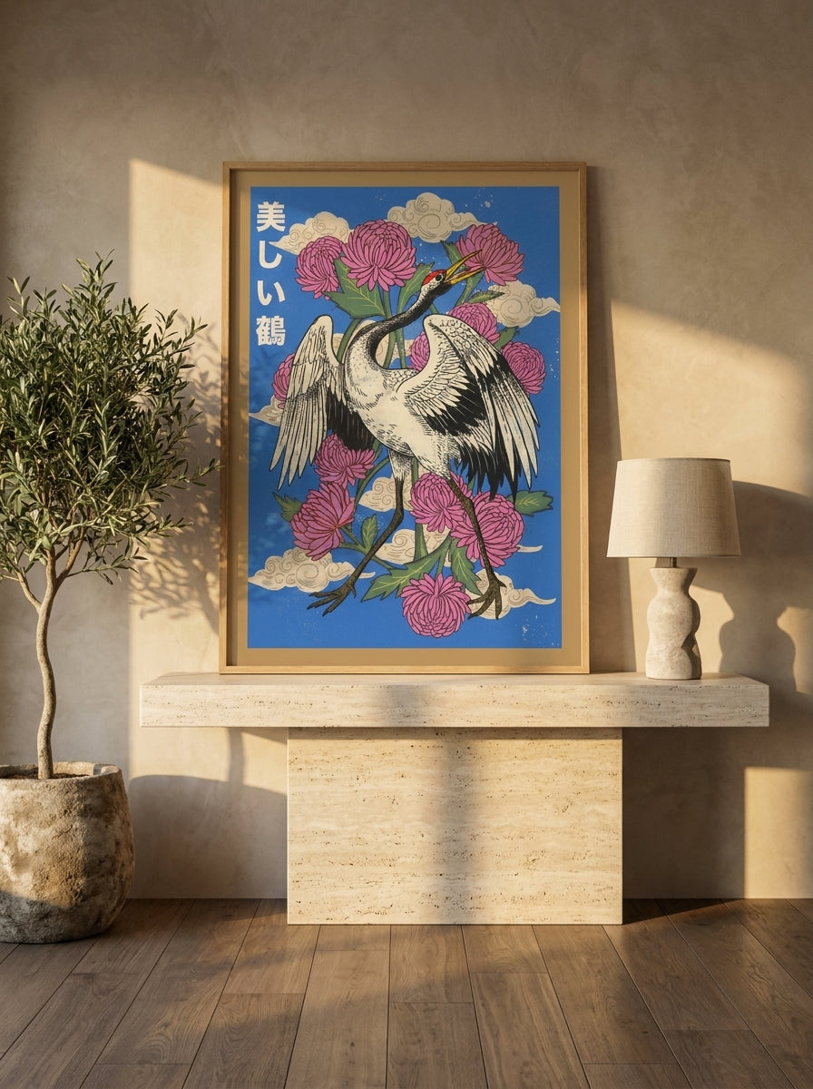 Modern wall art print standing on a console in a luxe bedroom