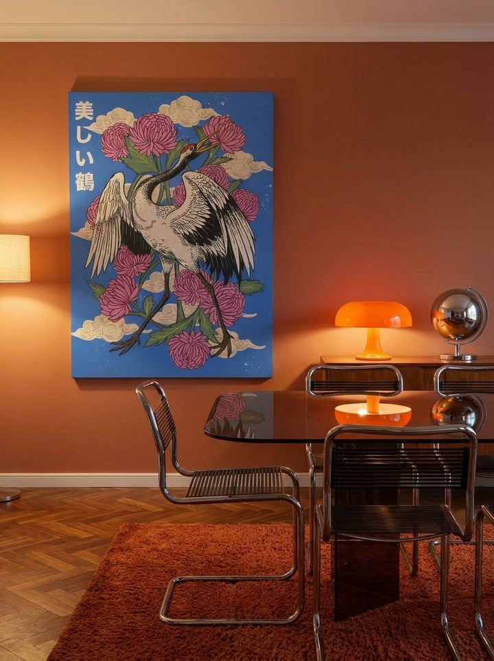Stretched canvas wall art styled on the wall in a retro 70s dining room