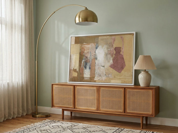 Canvas wall art with a white surround standing on a sideboard in a mid-century home office