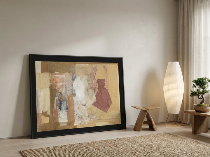 Oversized statement modern wall art print leaning against the wall in a warm Japandi home office