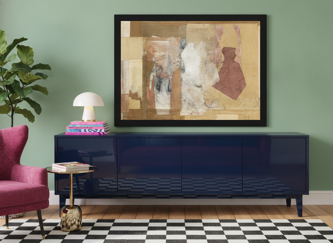Modern wall art print standing on a sideboard in a colourful eclectic living room