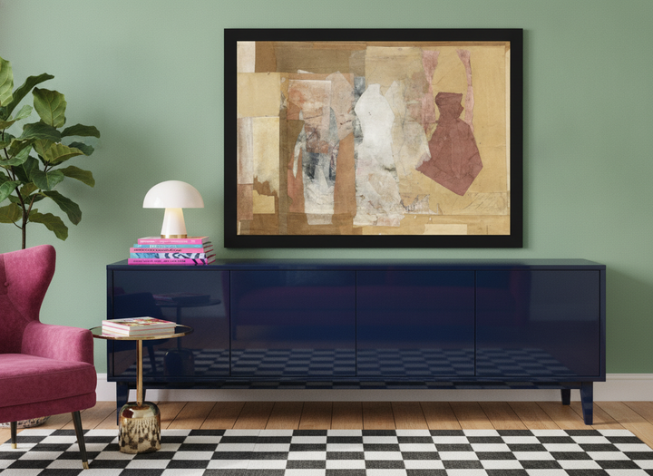 Modern wall art print standing on a sideboard in a colourful eclectic living room