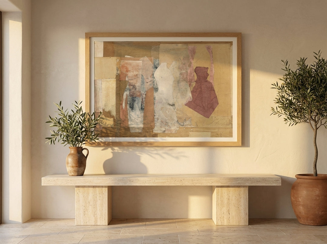 Modern wall art print styled on the wall in a Mediterranean living room
