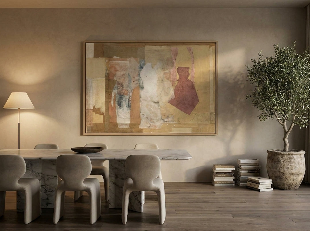 Oversized statement modern wall art print styled on the wall in a luxe dining room