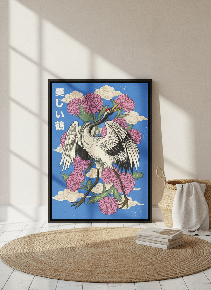 Canvas wall art with a black surround leaning against the wall in a coastal living room