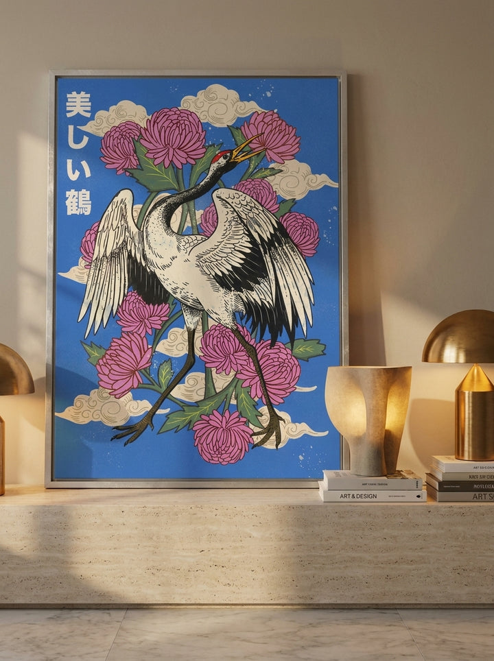 Canvas wall art with a silver leaf surround standing on a console in a luxe bedroom