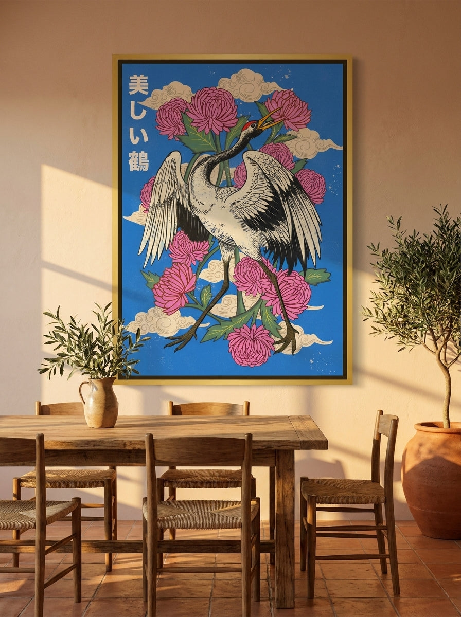 Oversized statement canvas wall art with a gold leaf surround styled on the wall in a Mediterranean dining room