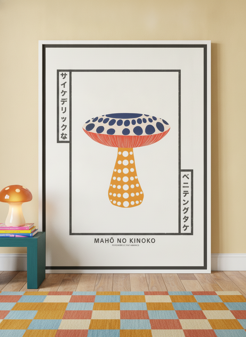 Oversized statement canvas wall art with a white surround leaning against the wall in a colourful eclectic bedroom