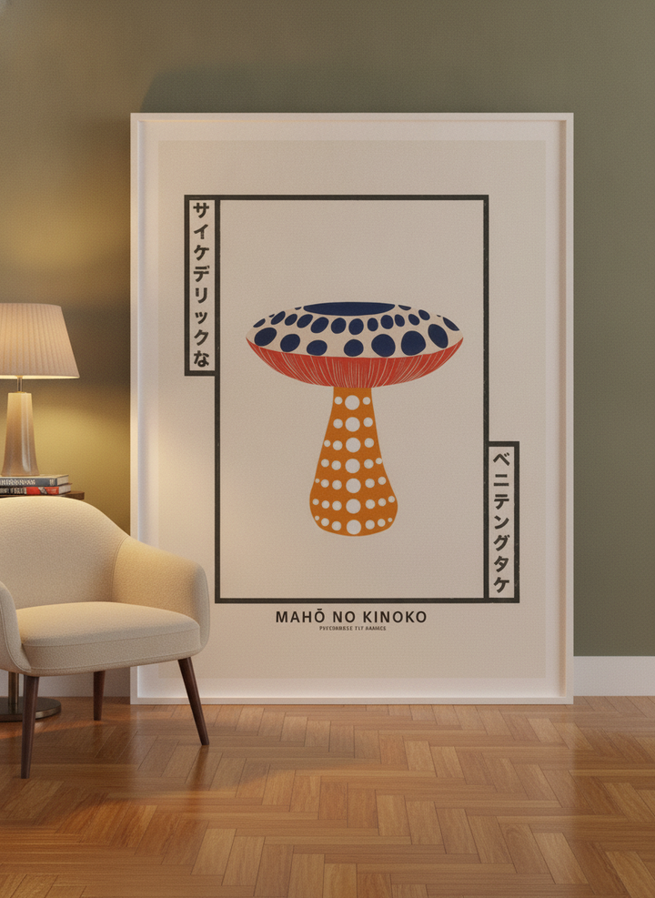 Oversized statement modern wall art print leaning against the wall in a mid-century dining room