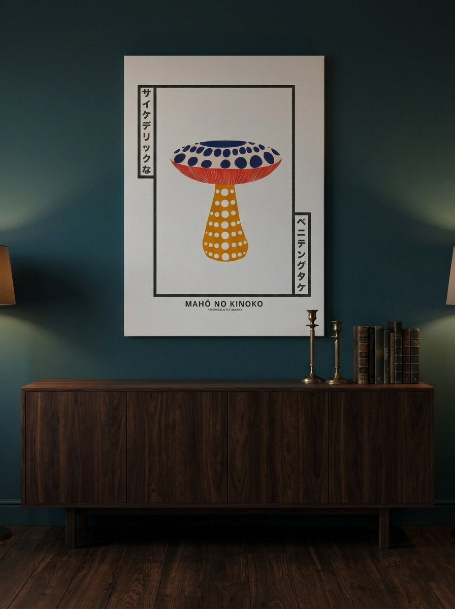 Stretched canvas wall art styled on the wall in a moody living room