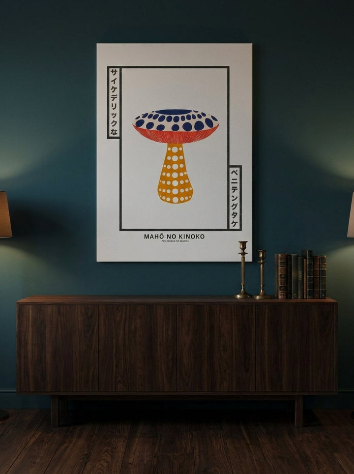 Stretched canvas wall art styled on the wall in a moody living room