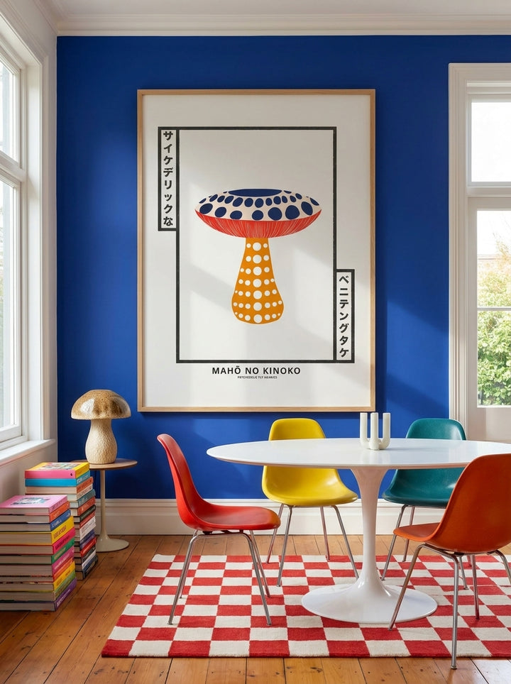 Oversized statement modern wall art print styled on the wall in a colourful eclectic dining room