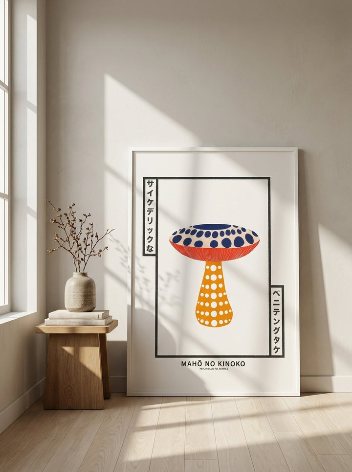 Modern wall art print leaning against the wall in a warm Japandi bedroom