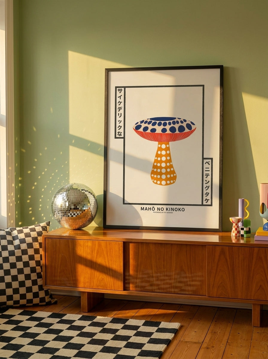 Modern wall art print standing on a sideboard in a colourful eclectic home office