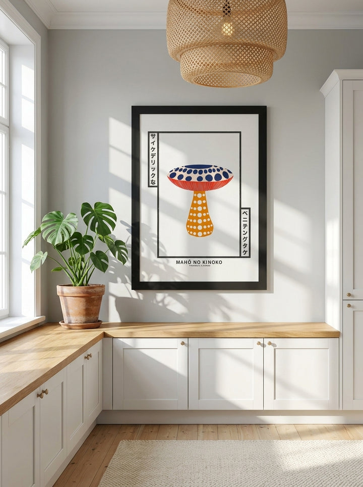 Modern wall art print styled on the wall in a bright Scandinavian kitchen