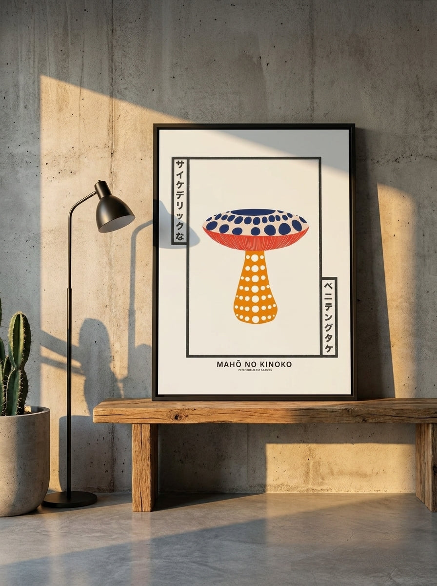 Canvas wall art with a black surround standing on a bench in an industrial loft bedroom