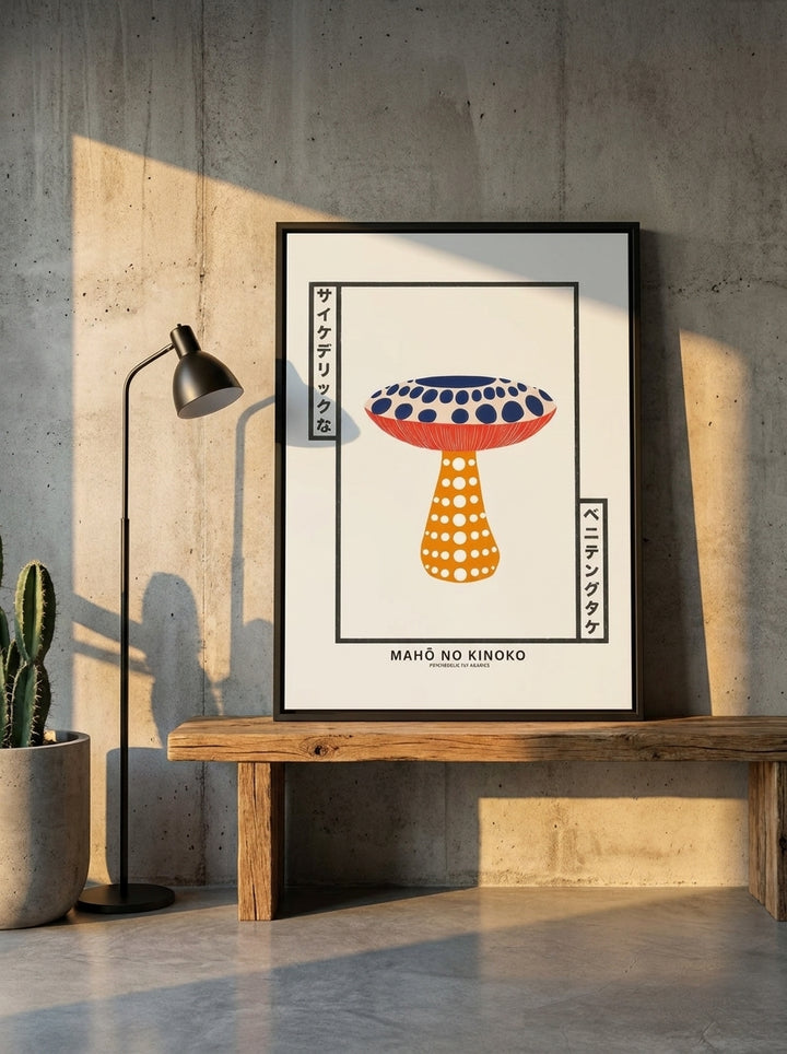 Canvas wall art with a black surround standing on a bench in an industrial loft bedroom