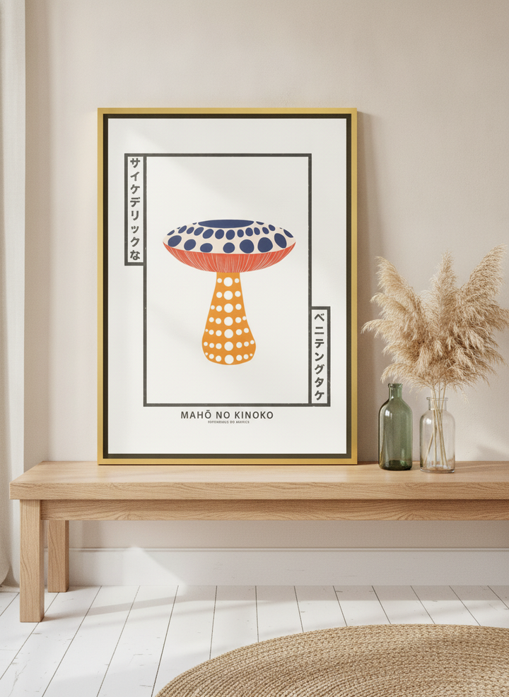 Canvas wall art with a gold leaf surround standing on a kitchen bench in a coastal kitchen