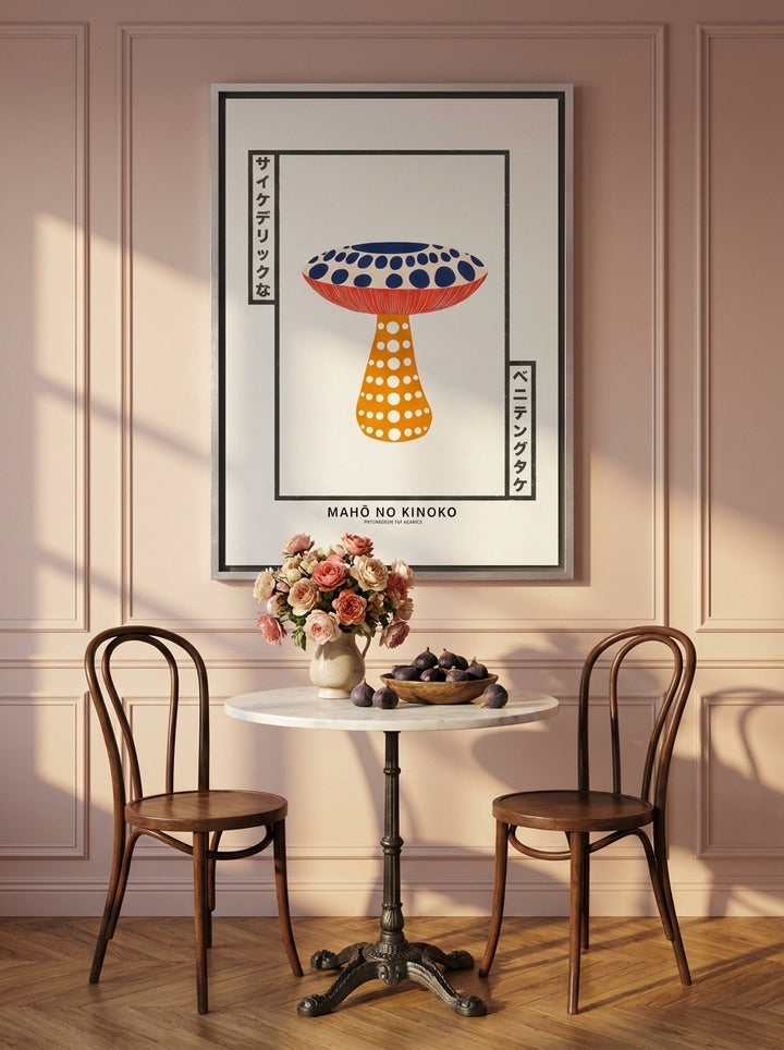 Oversized statement canvas wall art with a silver leaf surround styled on the wall in a Parisian dining room