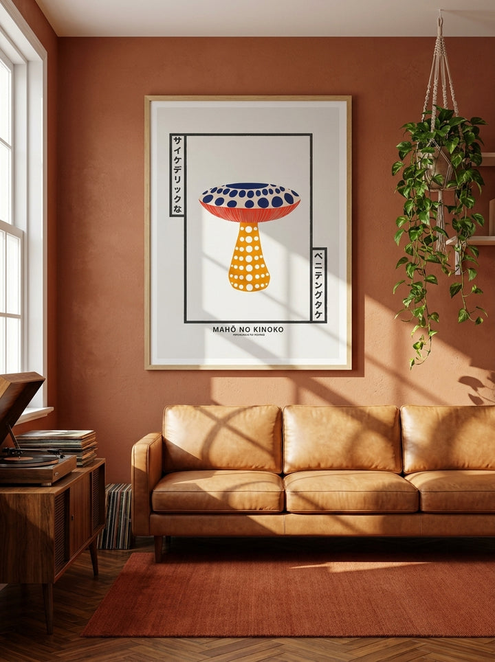 Modern wall art print styled on the wall in a retro 70s living room