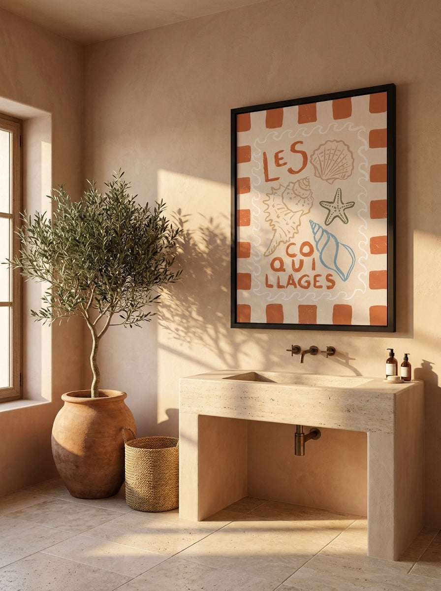 Oversized statement modern wall art print styled on the wall in a Mediterranean bathroom